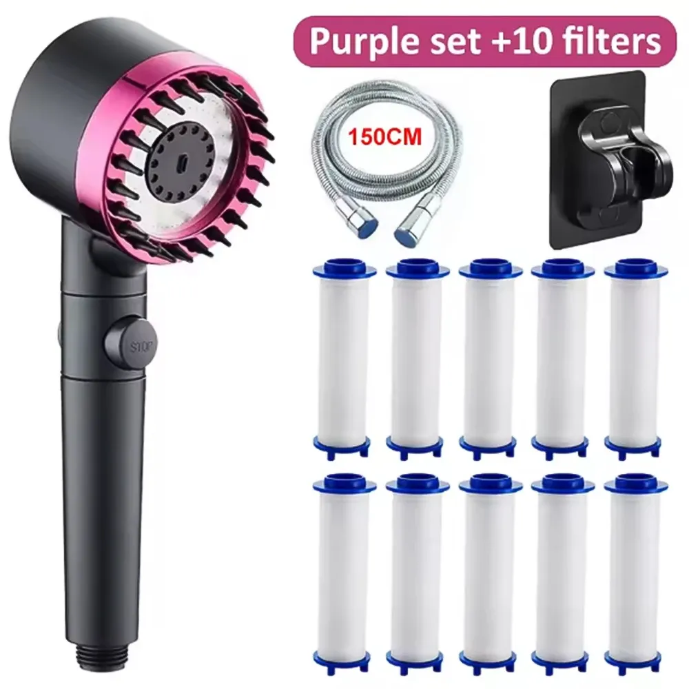Pommeau de douche haute pression à 4 modes, effet pluie, arrêt d'eau une touche, filtre intégré 16