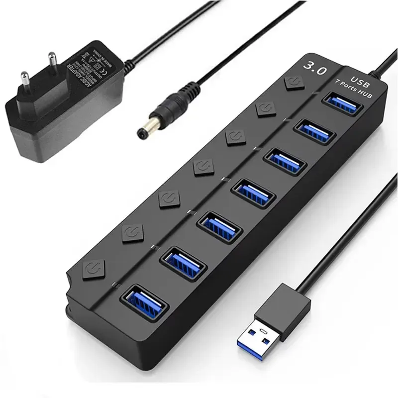 Hub USB 3.0 et USB 2.0 multiport avec alimentation secteur, 4/7 ports, interrupteur et câble de 30 cm