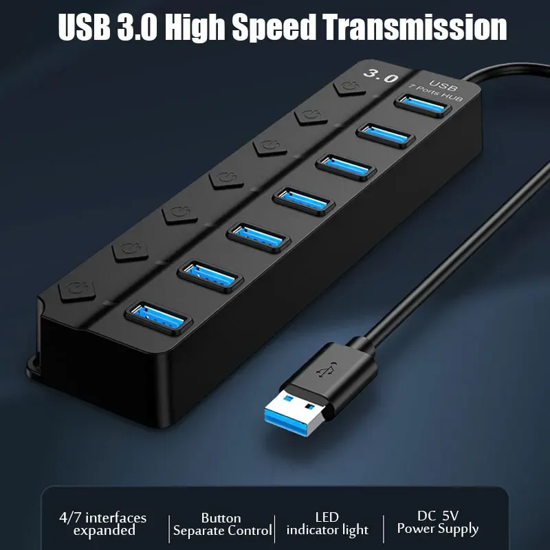Hub USB 3.0 et USB 2.0 multiport avec alimentation secteur, 4/7 ports, interrupteur et câble de 30 cm 2