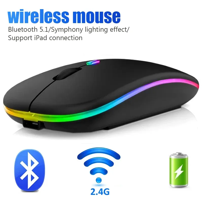 Souris de jeu sans fil RVB ergonomique et silencieuse, rétroéclairage LED, connexion Bluetooth pour ordinateur portable et PC