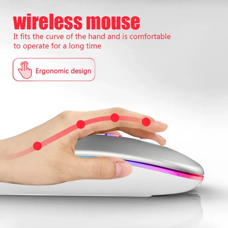 Souris de jeu sans fil RVB ergonomique et silencieuse, rétroéclairage LED, connexion Bluetooth pour ordinateur portable et PC 3
