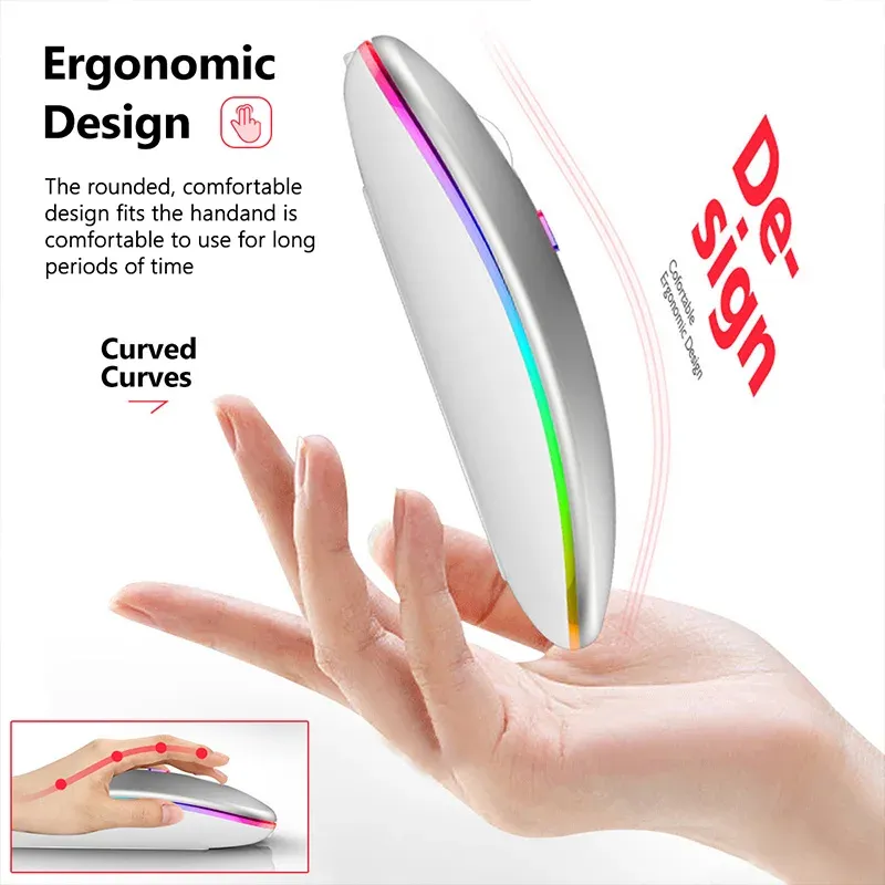 Souris de jeu sans fil RVB ergonomique et silencieuse, rétroéclairage LED, connexion Bluetooth pour ordinateur portable et PC 4