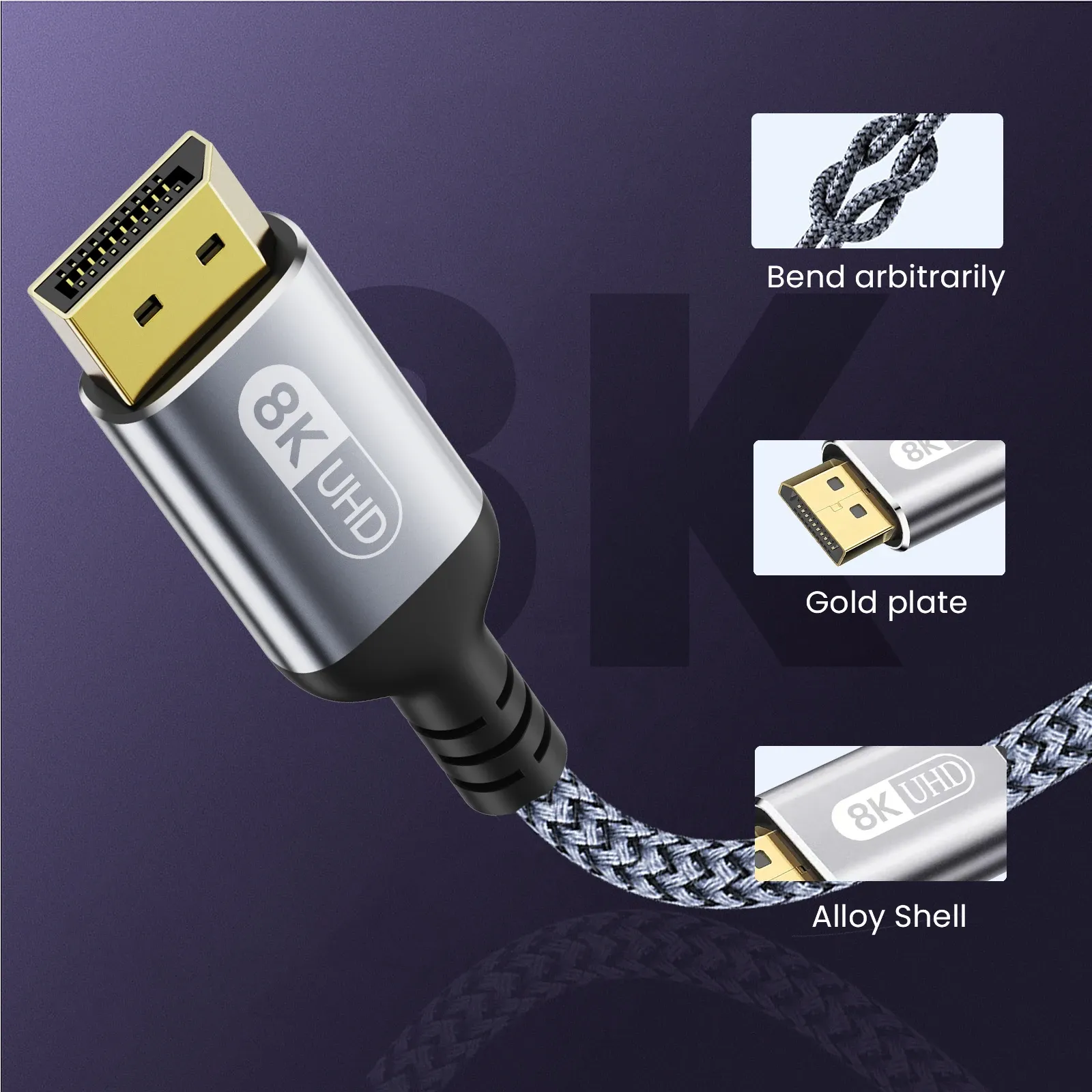 Câble DisplayPort 1.4 8K haute vitesse, 8K @ 60 Hz, 4K @ 144 Hz, 2K @ 240 Hz, HDR10, 32,4 Gbps 6