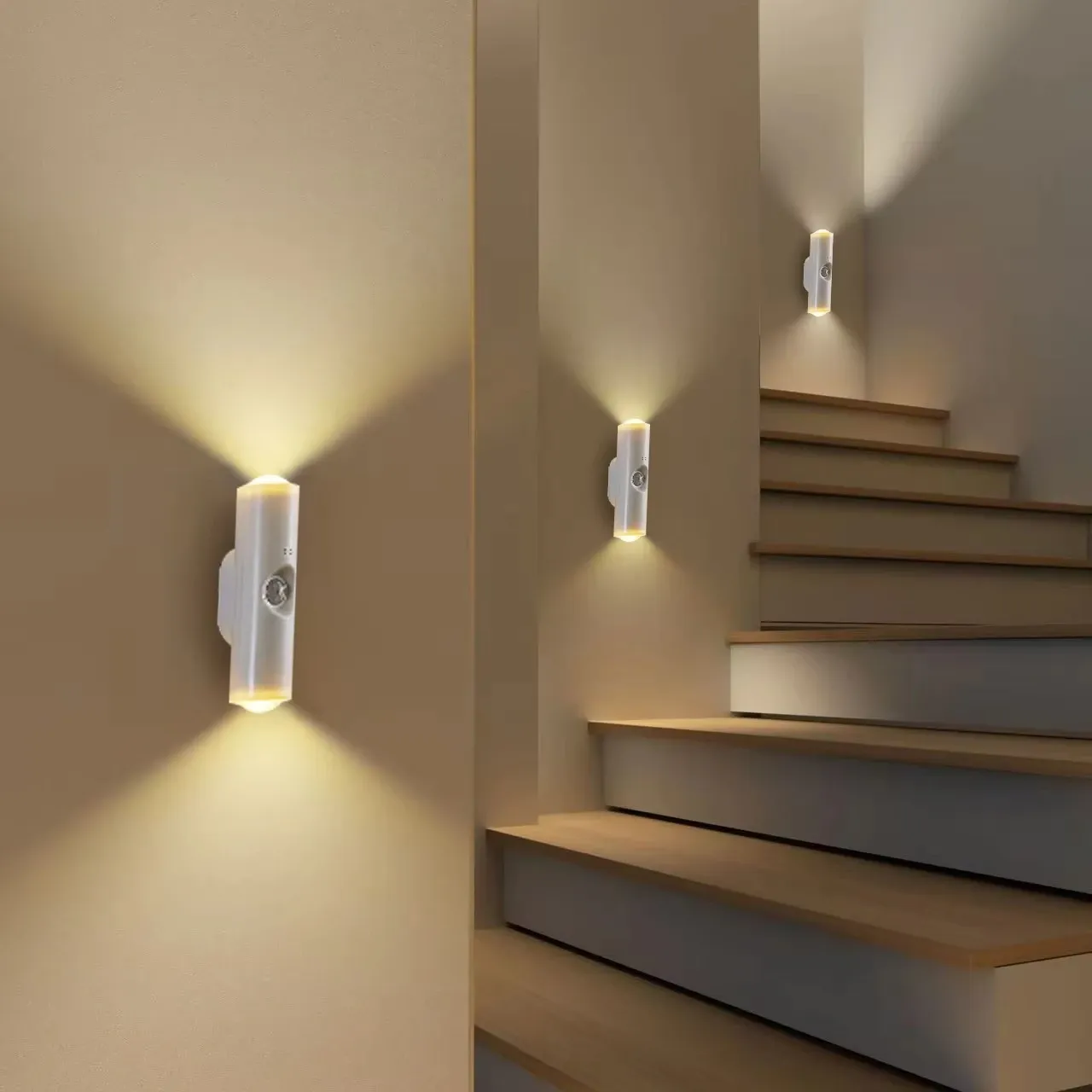 Lampe d'armoire double tête avec capteur de mouvement, éclairage sous meuble blanc ou RVB tricolore, lumière coucher de soleil rechargeable en option 2