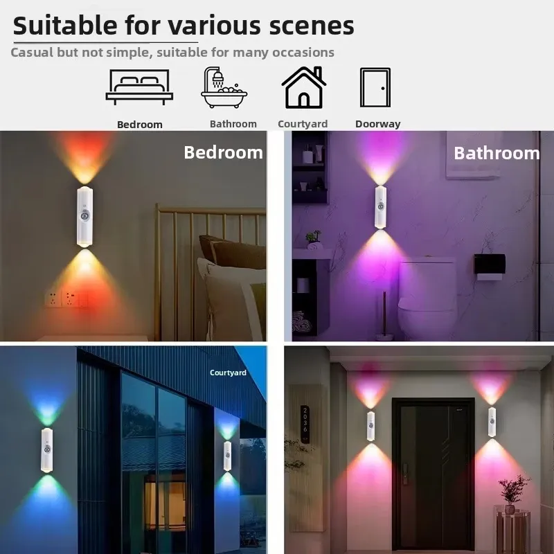 Lampe d'armoire double tête avec capteur de mouvement, éclairage sous meuble blanc ou RVB tricolore, lumière coucher de soleil rechargeable en option 4
