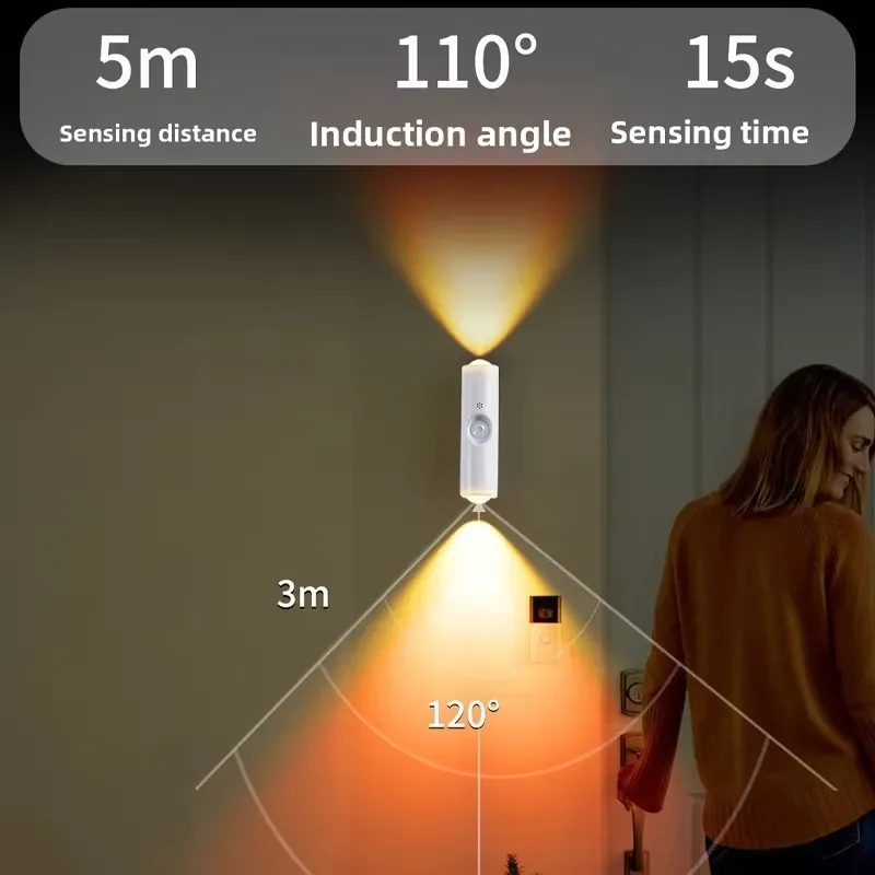 Lampe d'armoire double tête avec capteur de mouvement, éclairage sous meuble blanc ou RVB tricolore, lumière coucher de soleil rechargeable en option 5