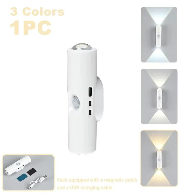 Lampe d'armoire double tête avec capteur de mouvement, éclairage sous meuble blanc ou RVB tricolore, lumière coucher de soleil rechargeable en option 7
