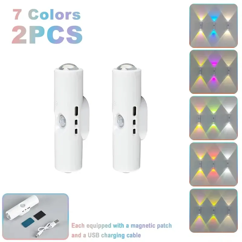 Lampe d'armoire double tête avec capteur de mouvement, éclairage sous meuble blanc ou RVB tricolore, lumière coucher de soleil rechargeable en option 12