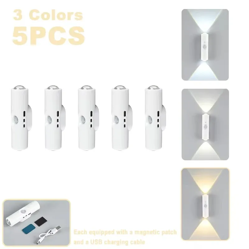 Lampe d'armoire double tête avec capteur de mouvement, éclairage sous meuble blanc ou RVB tricolore, lumière coucher de soleil rechargeable en option 11