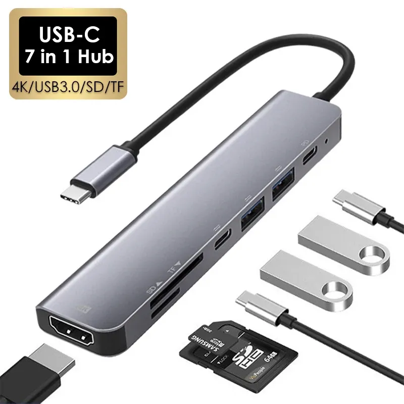 Hub USB-C 7 en 1 avec sortie HDTV 4K 30 Hz, ports USB 3.0 et USB 2.0, lecteur de cartes SD/TF et charge USB-C PD, compatible MacBook