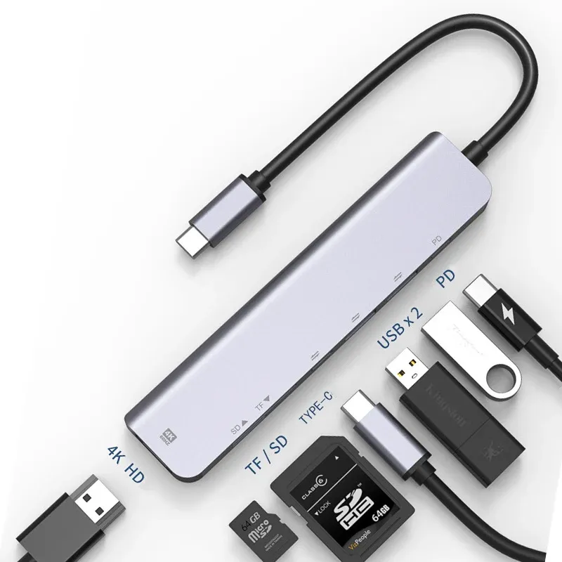 Hub USB-C 7 en 1 avec sortie HDTV 4K 30 Hz, ports USB 3.0 et USB 2.0, lecteur de cartes SD/TF et charge USB-C PD, compatible MacBook 3