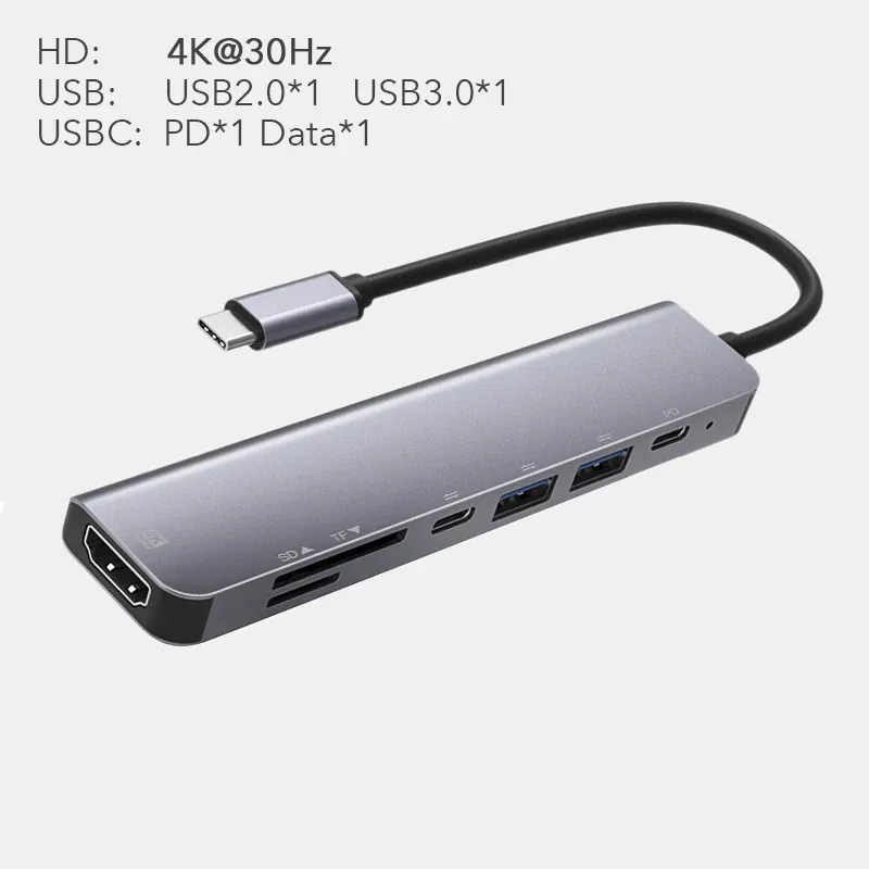 Hub USB-C 7 en 1 avec sortie HDTV 4K 30 Hz, ports USB 3.0 et USB 2.0, lecteur de cartes SD/TF et charge USB-C PD, compatible MacBook 7