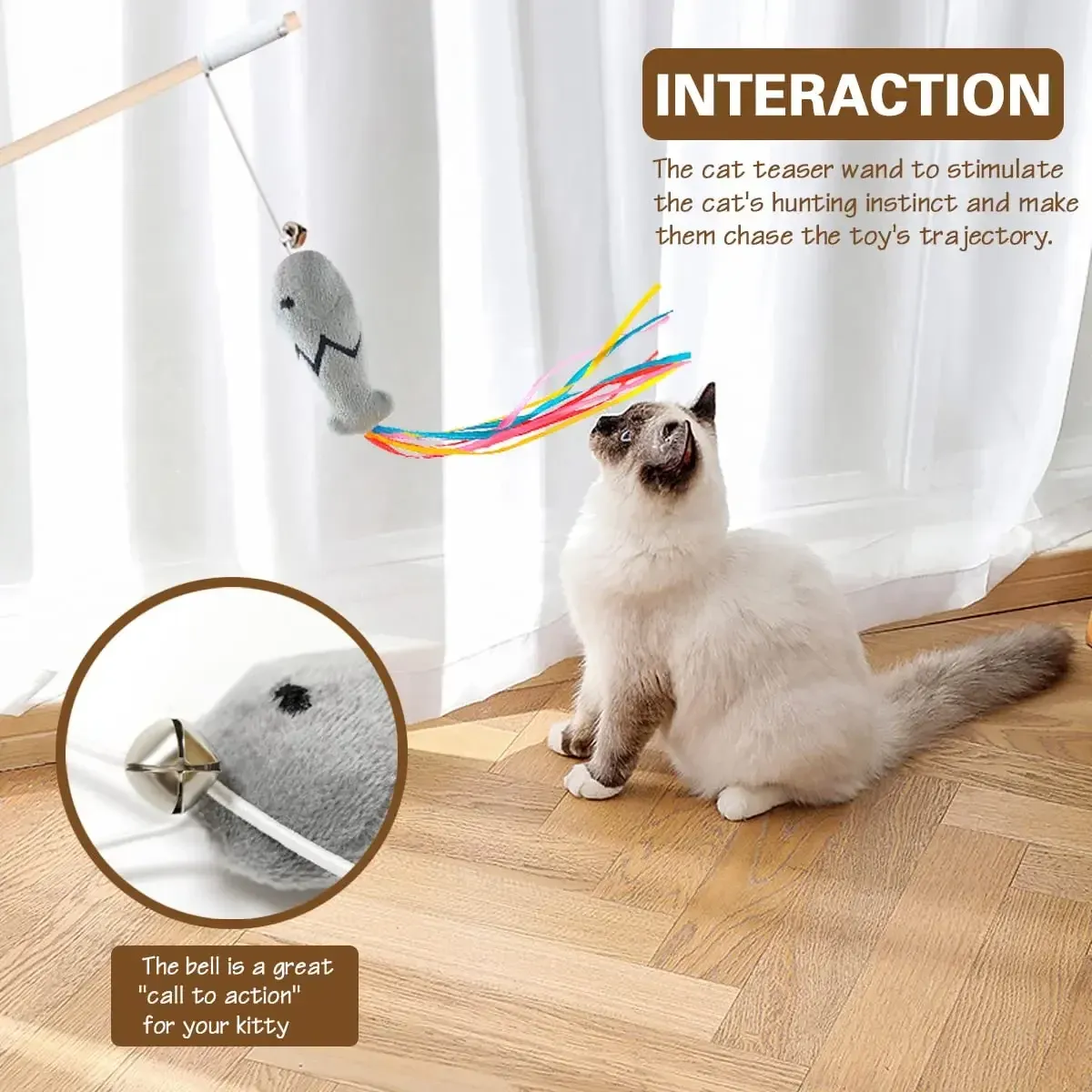 Baguette interactive pour chat en bois naturel avec corde élastique, jouet pour chats d'intérieur 3