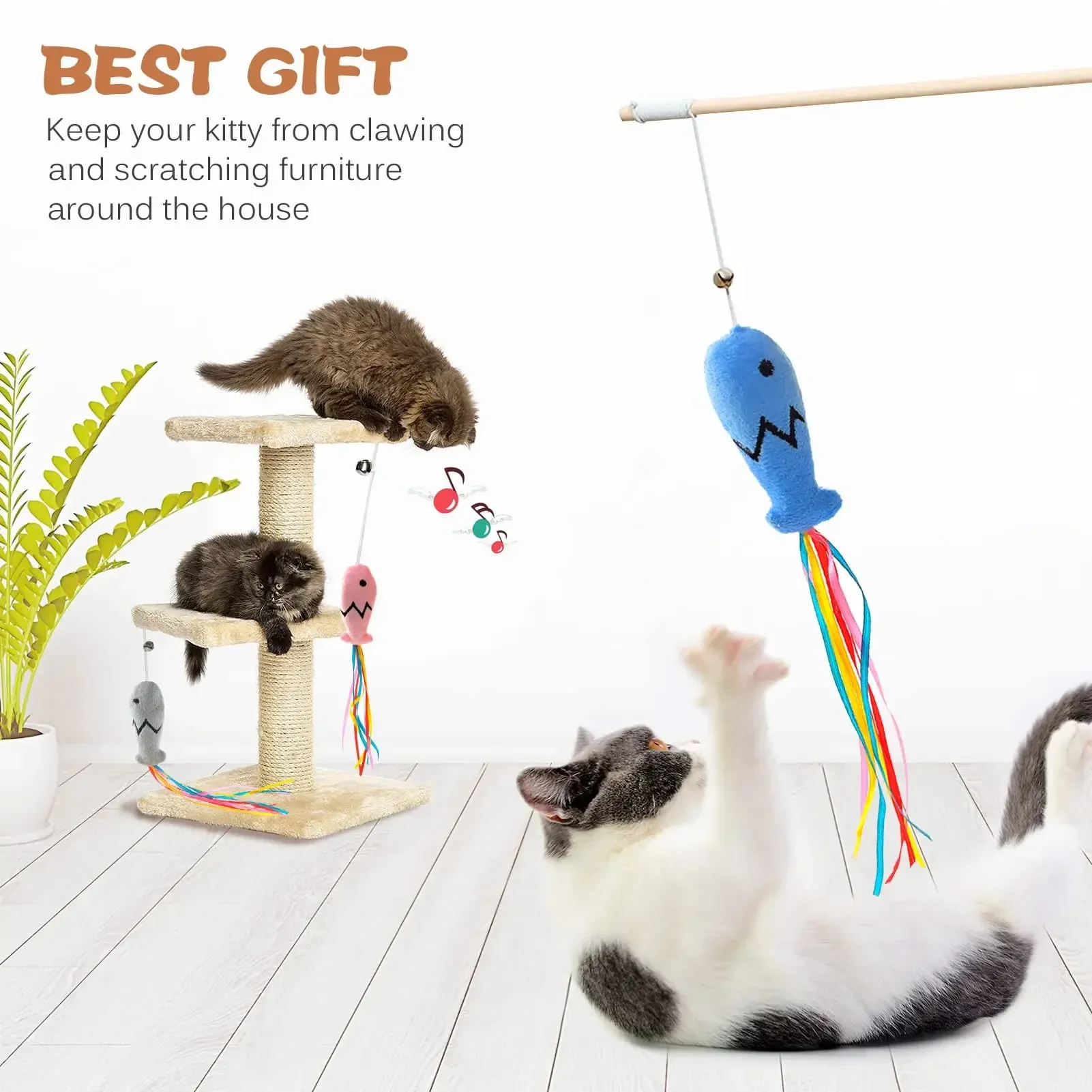 Baguette interactive pour chat en bois naturel avec corde élastique, jouet pour chats d'intérieur 4