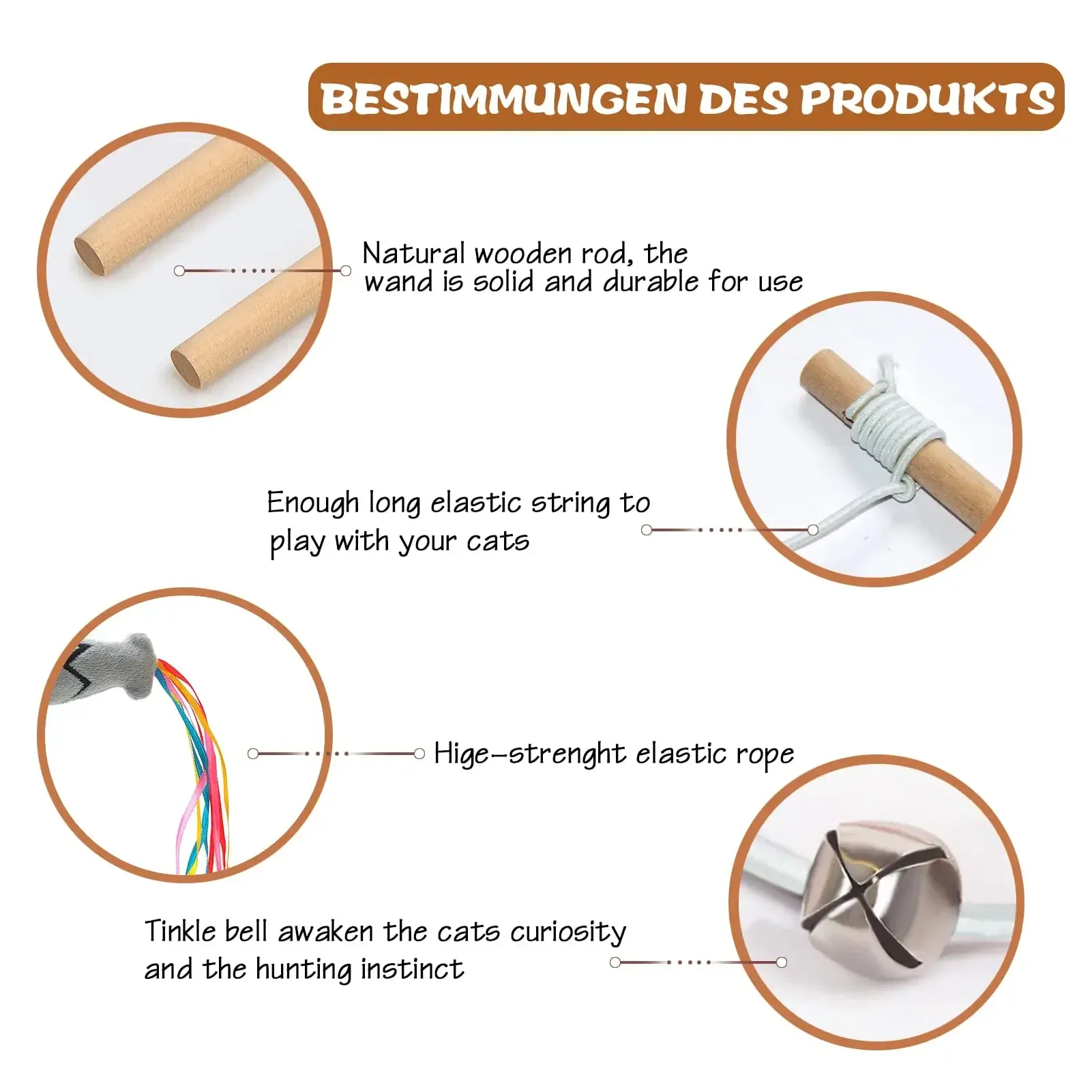 Baguette interactive pour chat en bois naturel avec corde élastique, jouet pour chats d'intérieur 5