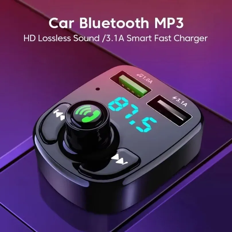 Récepteur Bluetooth 5.0 pour voiture avec lecteur MP3, transmetteur FM, kit mains libres, éclairage LED et chargeur double USB 2.1A/3.1A, QC3.0 et PD Type-C