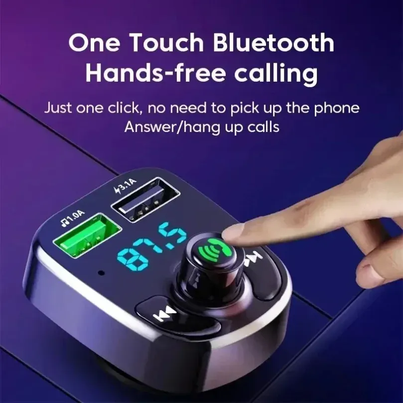 Récepteur Bluetooth 5.0 pour voiture avec lecteur MP3, transmetteur FM, kit mains libres, éclairage LED et chargeur double USB 2.1A/3.1A, QC3.0 et PD Type-C 2