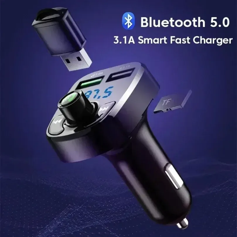 Récepteur Bluetooth 5.0 pour voiture avec lecteur MP3, transmetteur FM, kit mains libres, éclairage LED et chargeur double USB 2.1A/3.1A, QC3.0 et PD Type-C 3