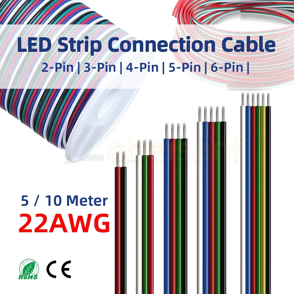 Câble rallonge coloré 5/10 m 22 AWG 2-6 broches pour ruban LED 3528 5050 RGB RGBW CCT, fil de connexion DIY pour éclairage de meuble de cuisine et placard, accessoire pour bande lumineuse LED
