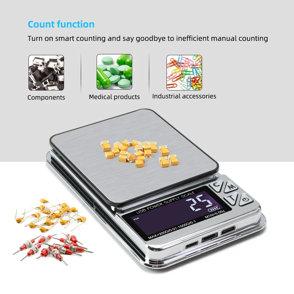 Balance à bijoux numérique haute précision 200 g / 1000 g, précision 0,01 g, fonction de comptage intelligent, balance de poche pour cuisine, rechargeable par USB 2