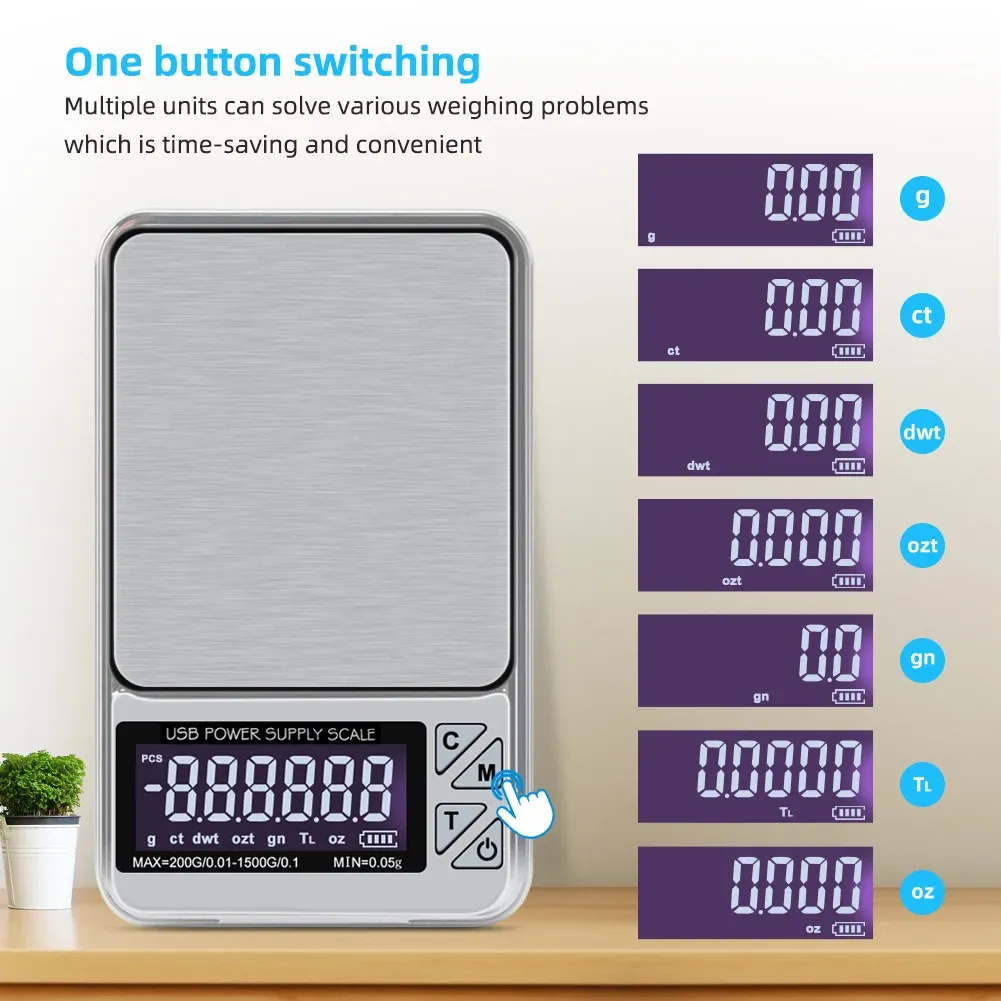 Balance à bijoux numérique haute précision 200 g / 1000 g, précision 0,01 g, fonction de comptage intelligent, balance de poche pour cuisine, rechargeable par USB 3