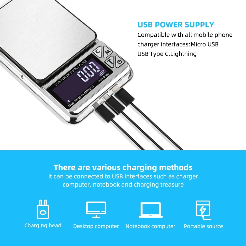 Balance à bijoux numérique haute précision 200 g / 1000 g, précision 0,01 g, fonction de comptage intelligent, balance de poche pour cuisine, rechargeable par USB 5
