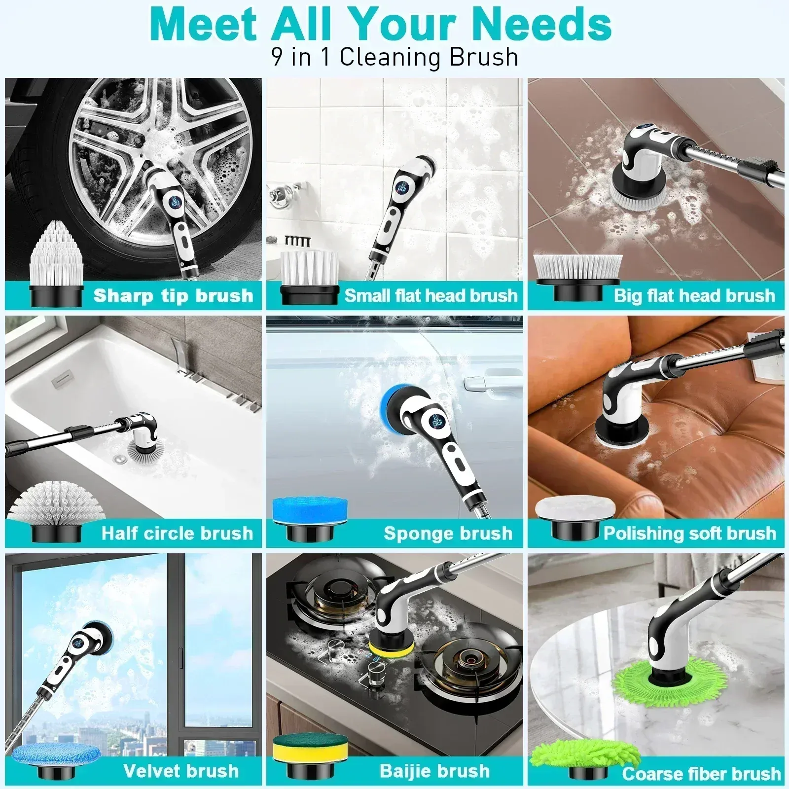 TINSOL Brosse de nettoyage électrique rechargeable 11 en 1 multifonctionnelle, rotative et intelligente, avec commande vocale, idéale pour la cuisine 6