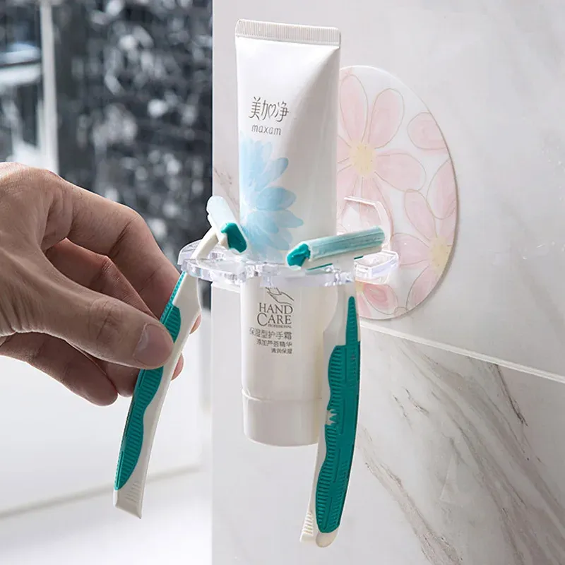 Porte-brosse à dents mural auto-adhésif sans perçage, avec support pour dentifrice et rasoir 4