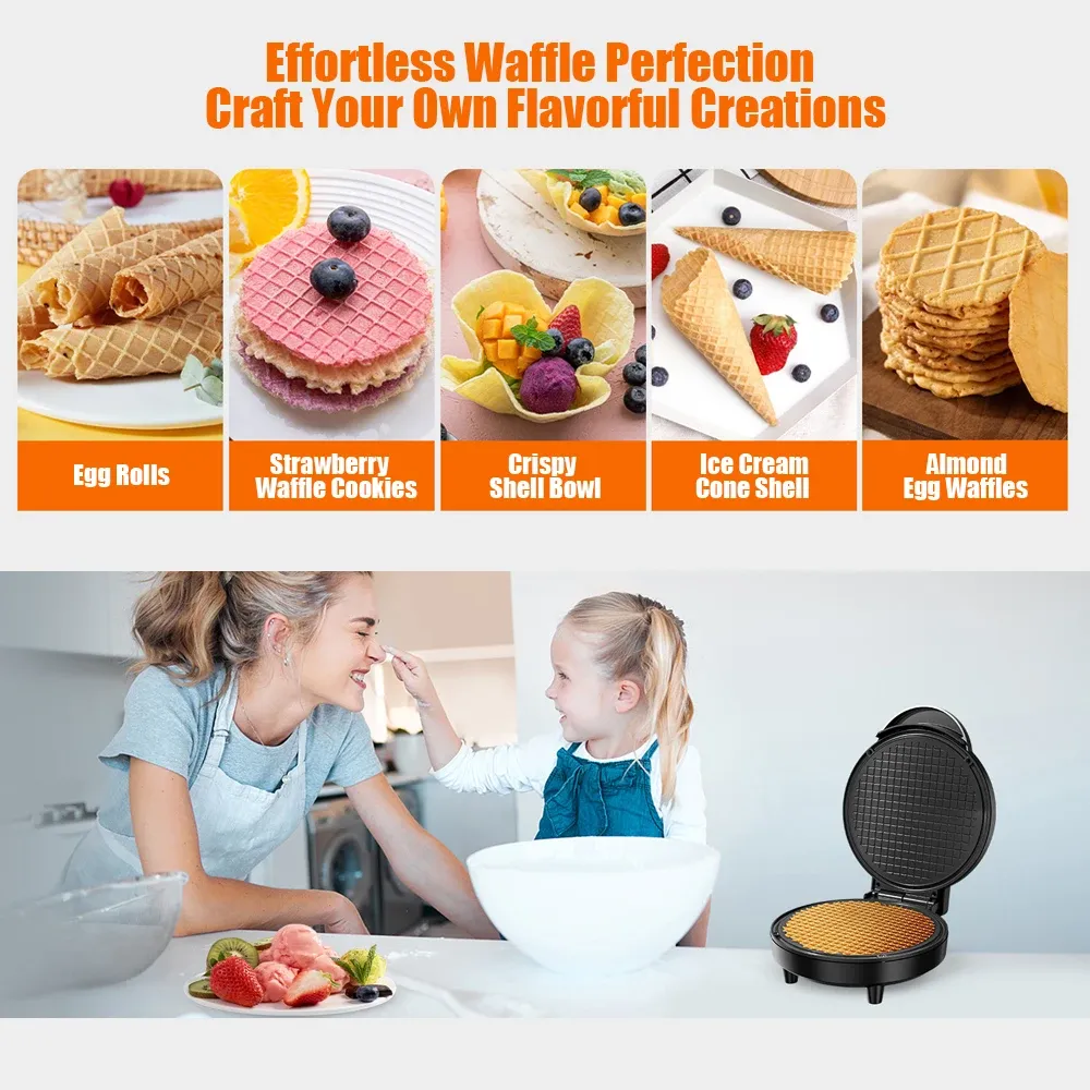 Machine à cônes à gaufres électrique 1200 W, bol à crème glacée, machine à rouleaux à gaufres fines, plaques antiadhésives à contrôle intelligent avec rouleau façonneur 6