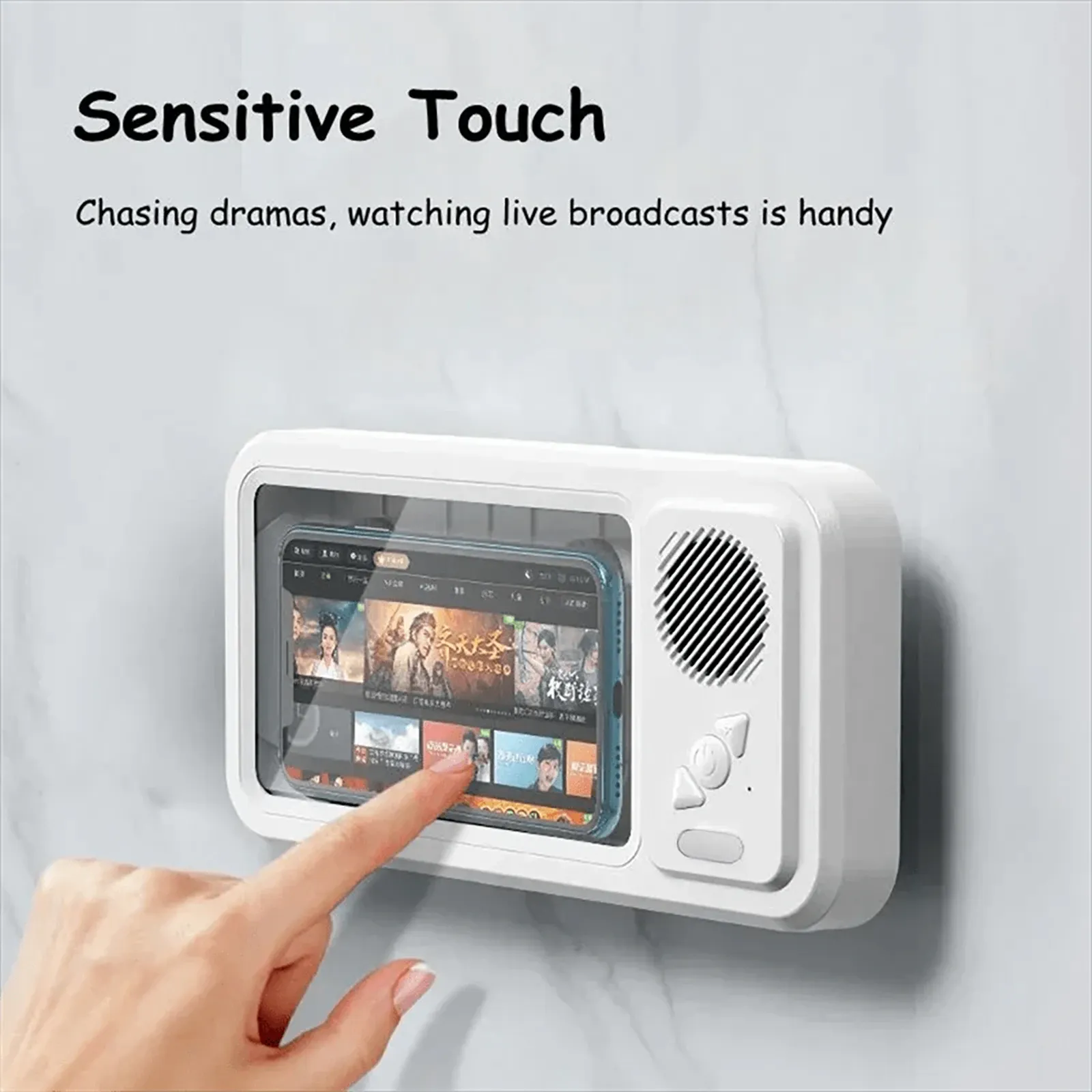 Support de téléphone de douche avec haut-parleur Bluetooth, étanche IPX4, anti-buée, écran tactile, support mural pour douche et salle de bain - Image 1