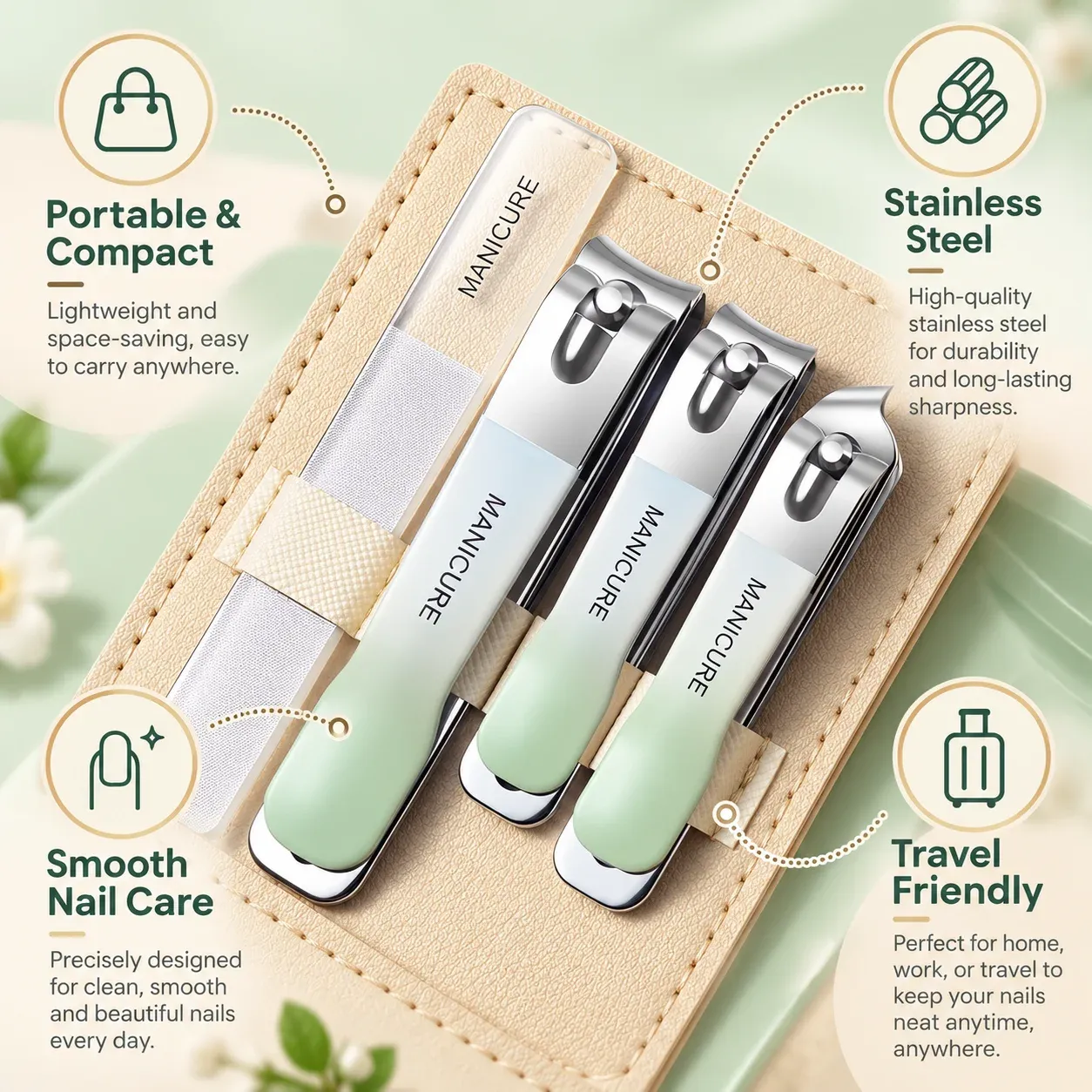 Ensemble de 4 coupe-ongles en acier inoxydable à manche antidérapant dégradé et limes nano affûtées pour manucure et voyage 6