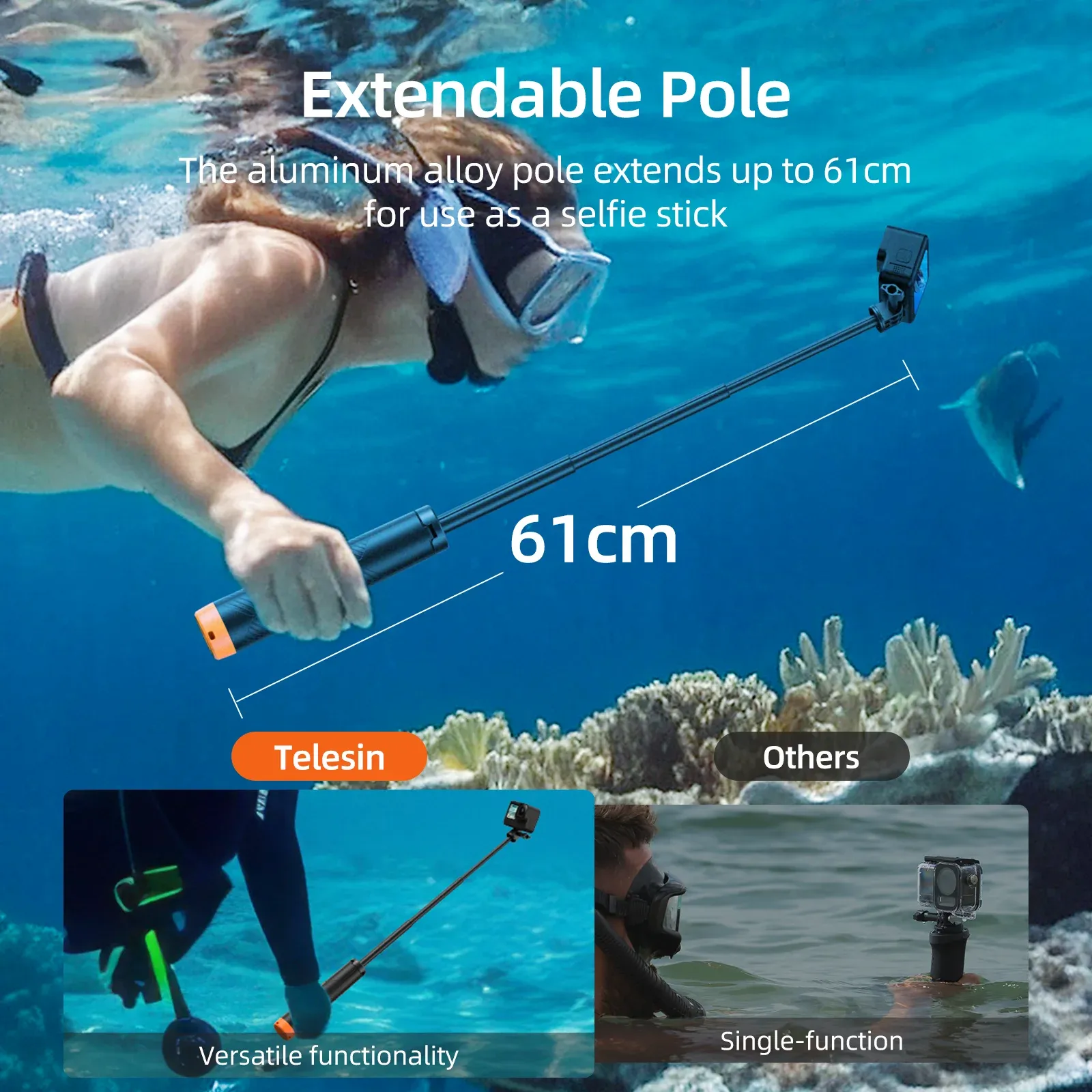 Perche de flottaison sous-marine TELESIN, perche à selfie extensible, trépied pour caméra sport GoPro, Insta360 et DJI Osmo, accessoires 4