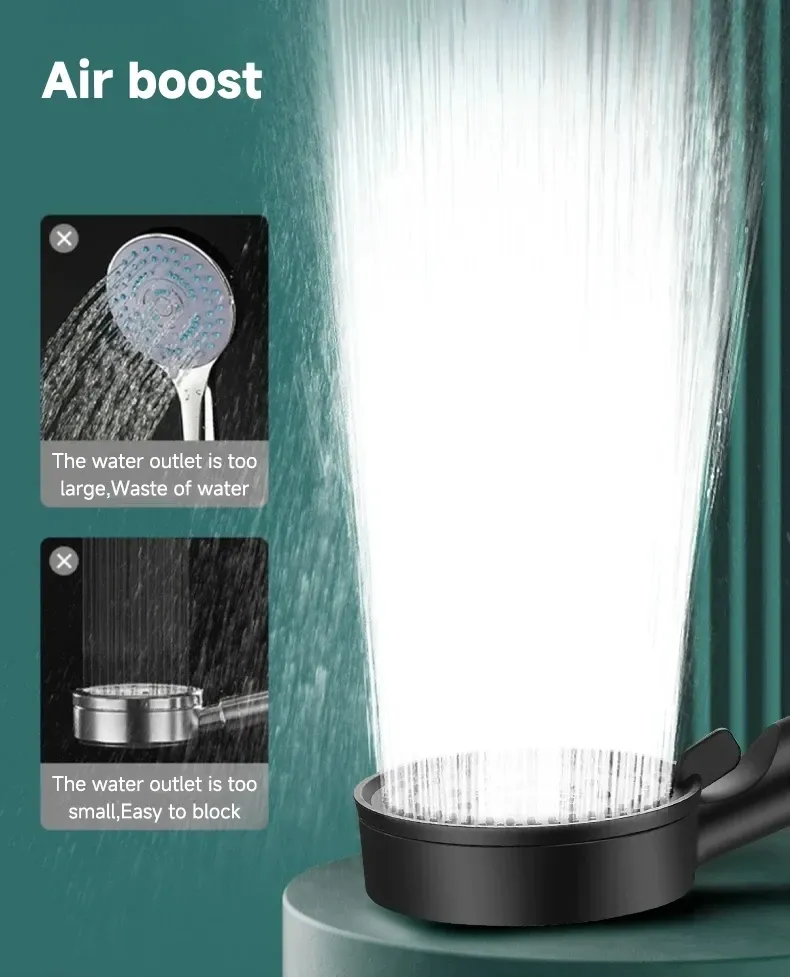 Pommeau de douche rehausseur noir, jet d'eau en action