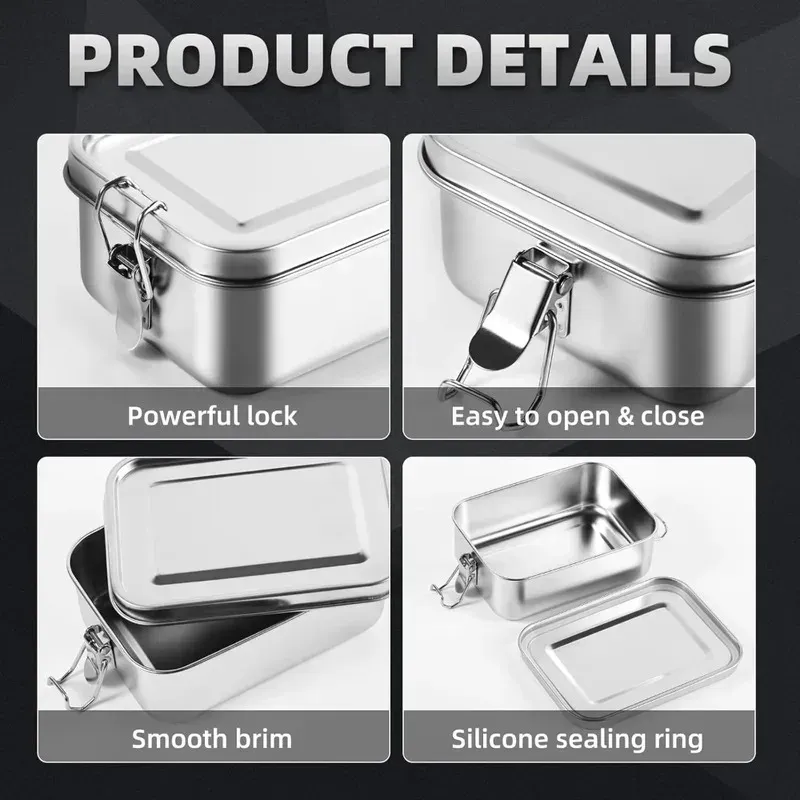 Boîte bento en acier inoxydable 304 avec fermoir verrouillable, 1200 ml / 2400 ml, idéale pour le travail et l'école 4