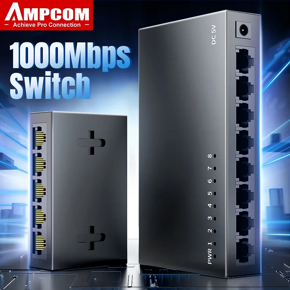 AMPCOM – Commutateur réseau Gigabit 1000 Mbps, 5 ou 8 ports, Commutateur Ethernet intelligent
