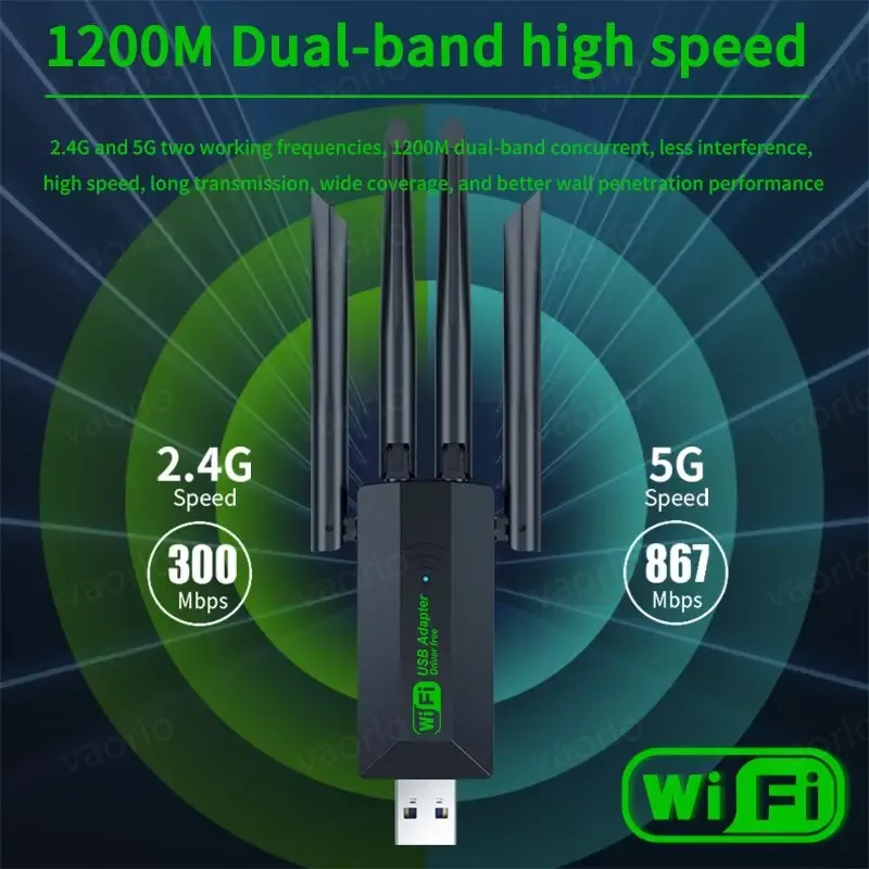 Adaptateur USB Wi-Fi 1200 Mbps double bande 2,4 GHz / 5 GHz, 802.11ac, USB 3.0, pour PC et ordinateur portable 3