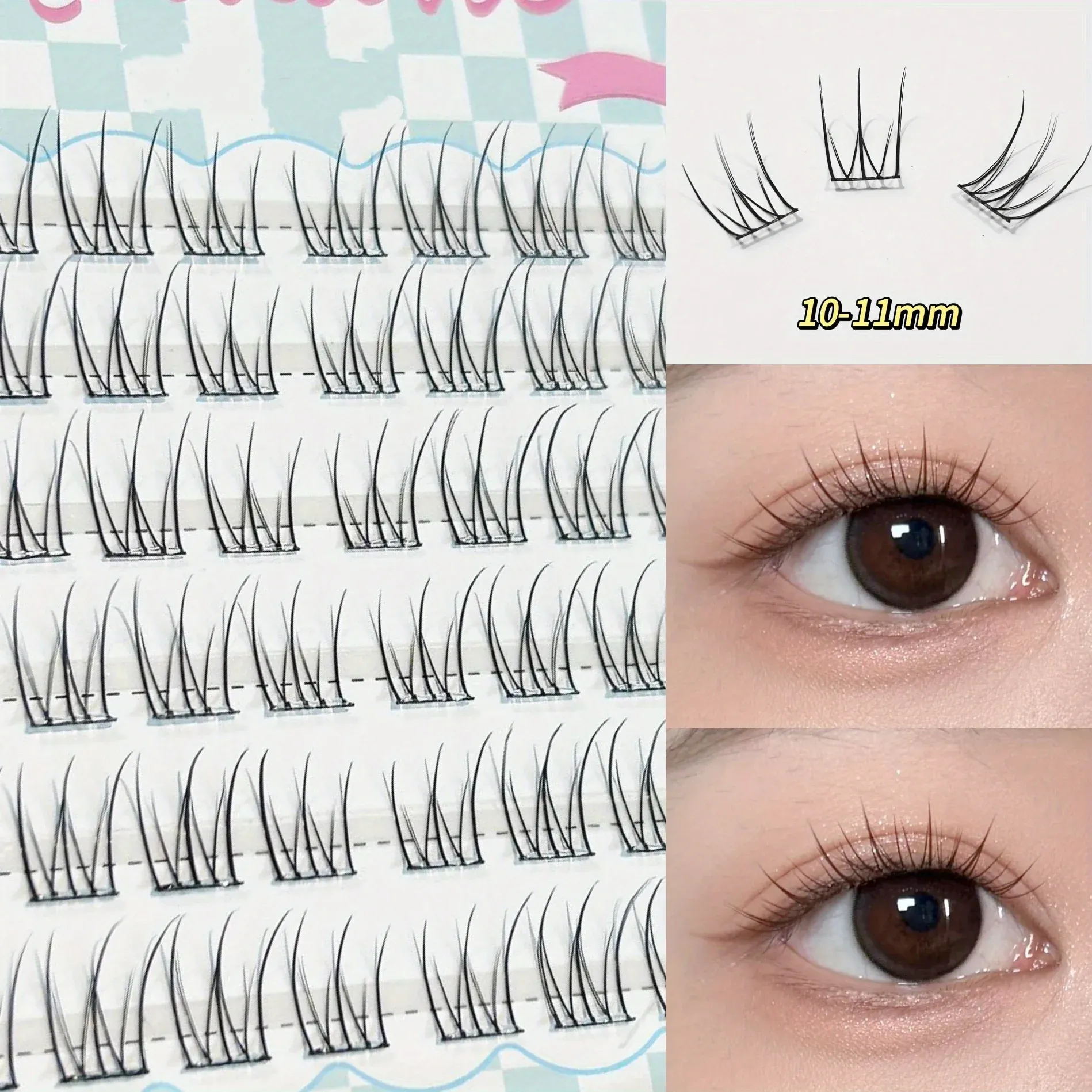 Faux cils segmentés Mixiaohe sans colle, 48 bouquets, 10-13 mm, courbure C, effet naturel et volume, idéal pour débutantes