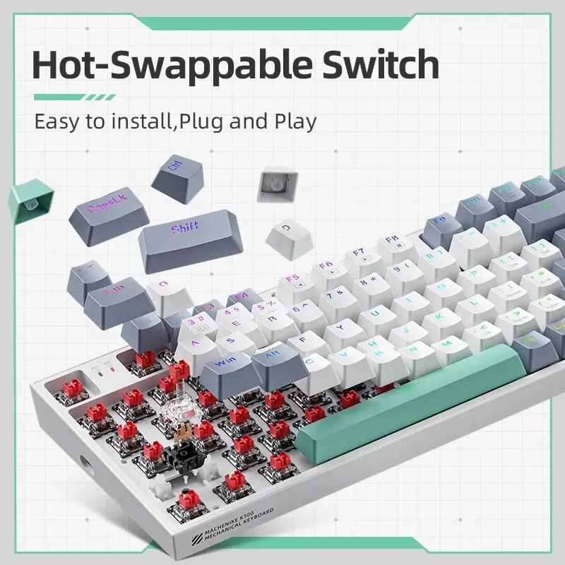 Clavier mécanique filaire MACHENIKE K500 pour jeu, K500-B94, switches interchangeables à chaud, 94 touches, disposition 90 %, rétroéclairage RVB, compatible ordinateur portable 3