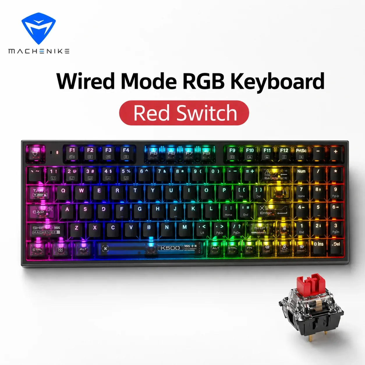 Clavier mécanique filaire MACHENIKE K500 pour jeu, K500-B94, switches interchangeables à chaud, 94 touches, disposition 90 %, rétroéclairage RVB, compatible ordinateur portable 9
