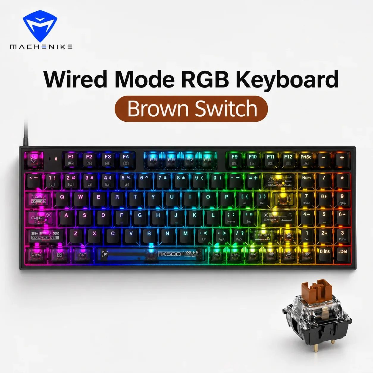 Clavier mécanique filaire MACHENIKE K500 pour jeu, K500-B94, switches interchangeables à chaud, 94 touches, disposition 90 %, rétroéclairage RVB, compatible ordinateur portable 11