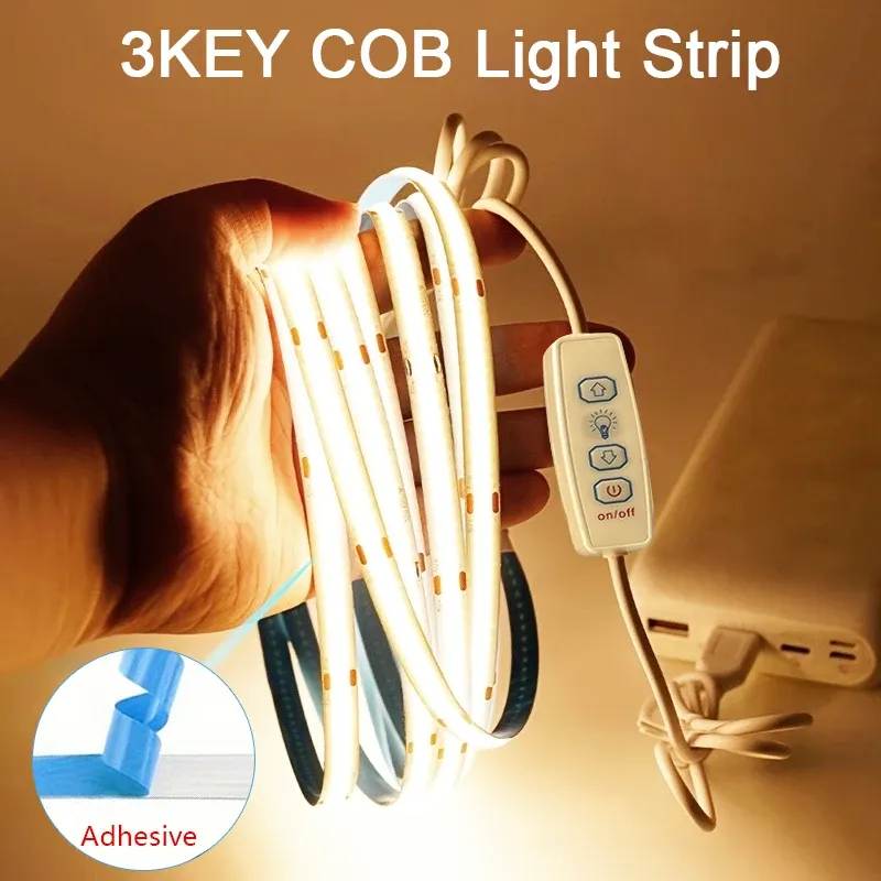Bande lumineuse LED COB USB 5 V à variateur 3 touches, ruban flexible, blanc chaud, pour chambre, TV, miroir, rétroéclairage et éclairage d'armoire