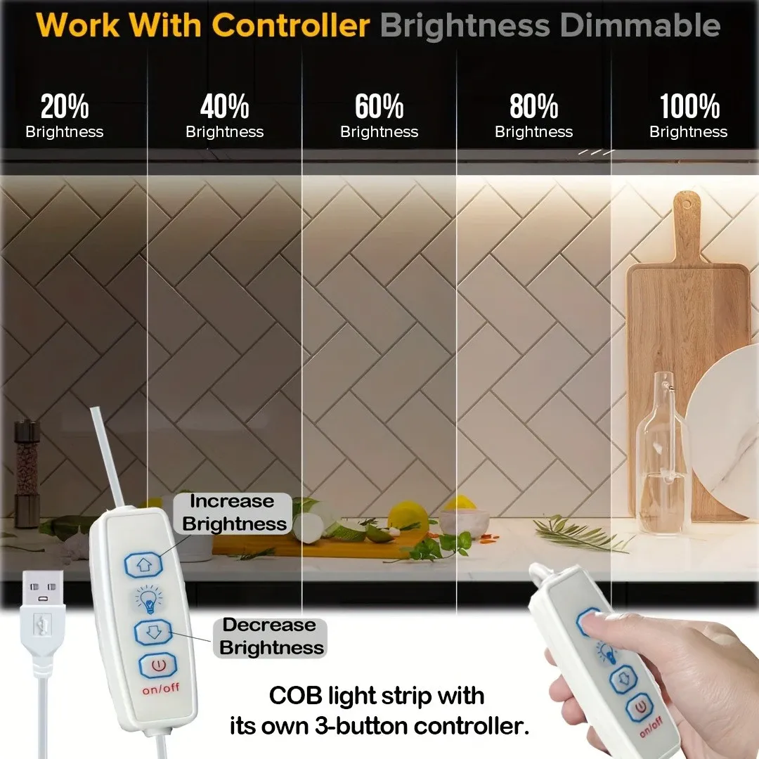 Bande lumineuse LED COB USB 5 V à variateur 3 touches, ruban flexible, blanc chaud, pour chambre, TV, miroir, rétroéclairage et éclairage d'armoire 2