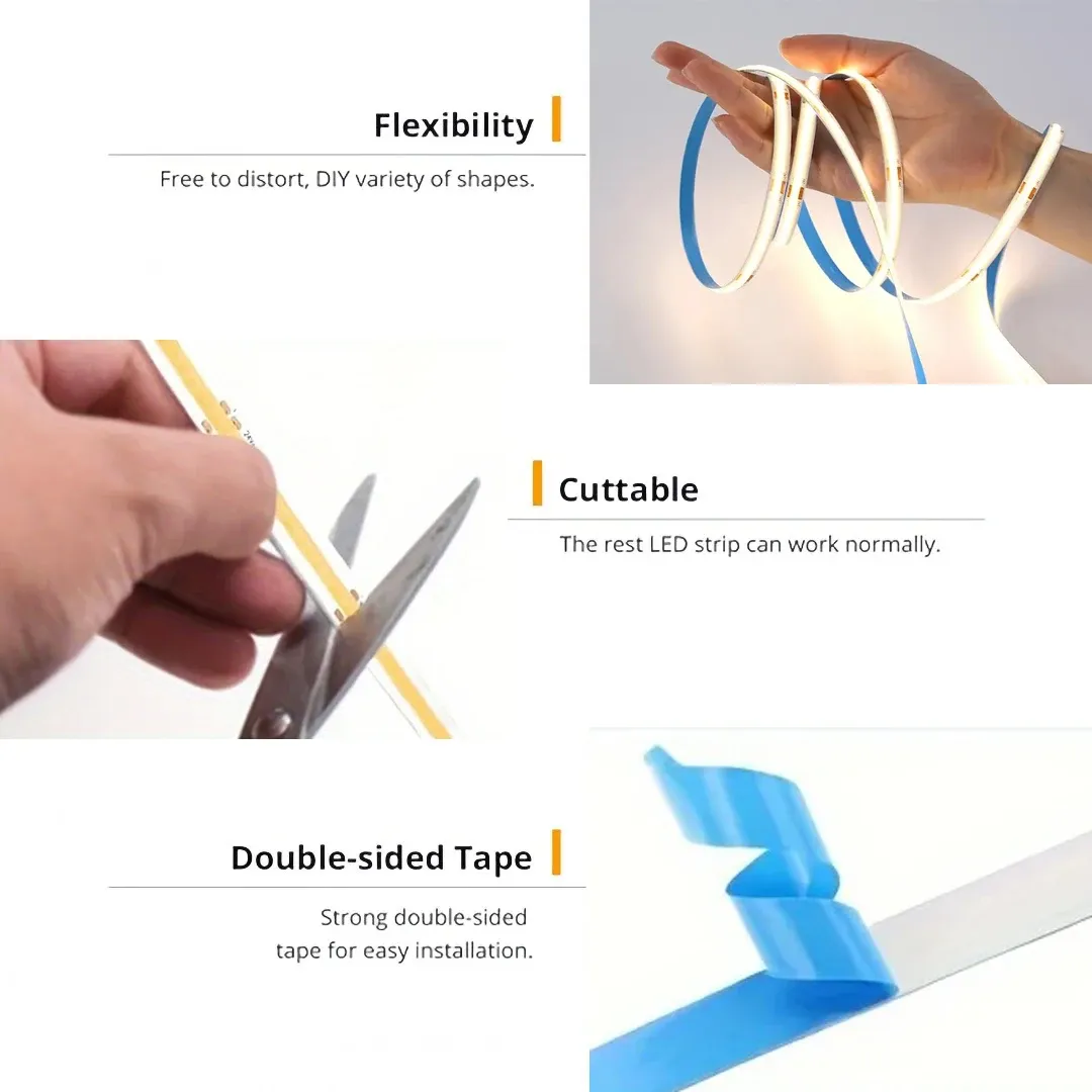 Bande lumineuse LED COB USB 5 V à variateur 3 touches, ruban flexible, blanc chaud, pour chambre, TV, miroir, rétroéclairage et éclairage d'armoire 5