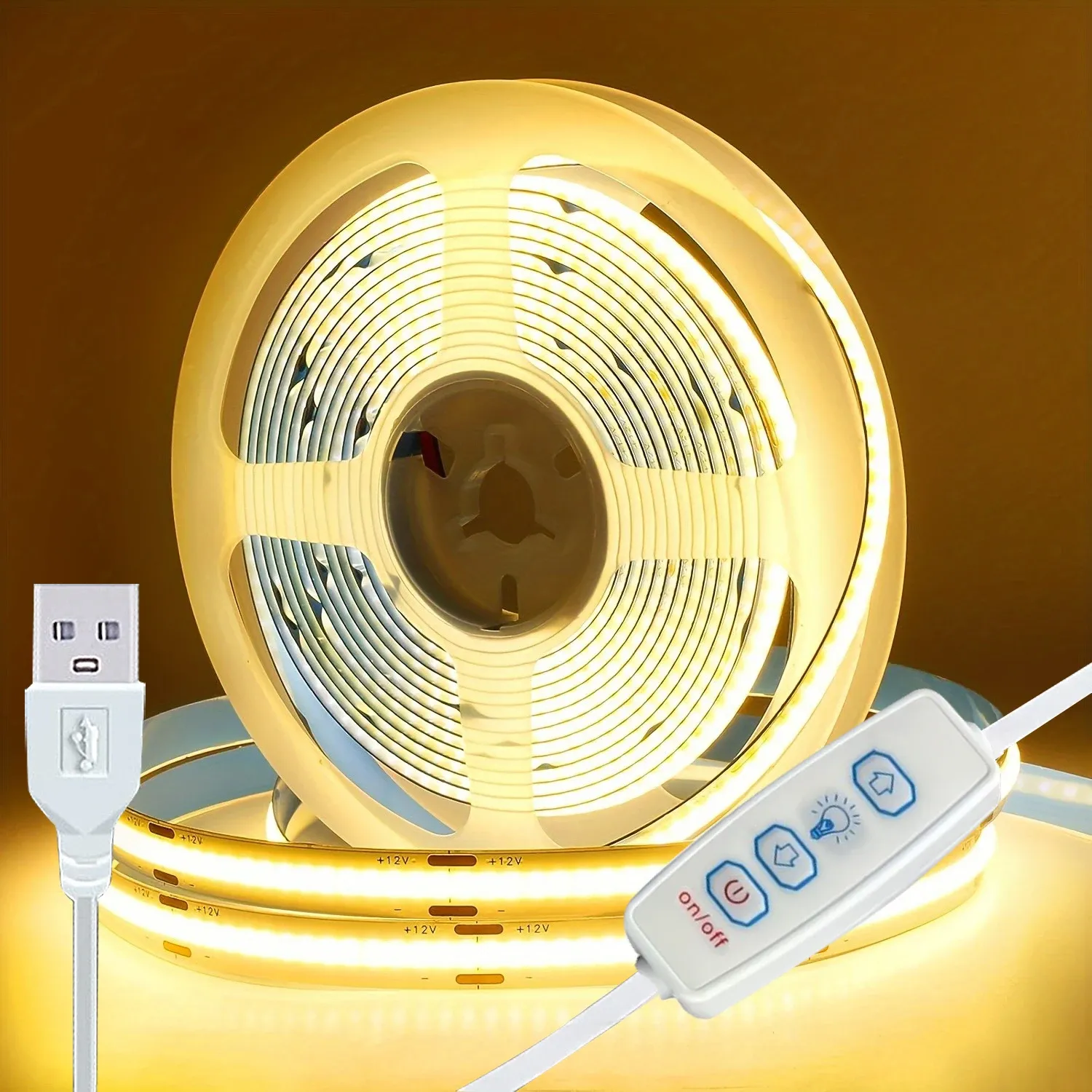 Bande lumineuse LED COB USB 5 V à variateur 3 touches, ruban flexible, blanc chaud, pour chambre, TV, miroir, rétroéclairage et éclairage d'armoire 7