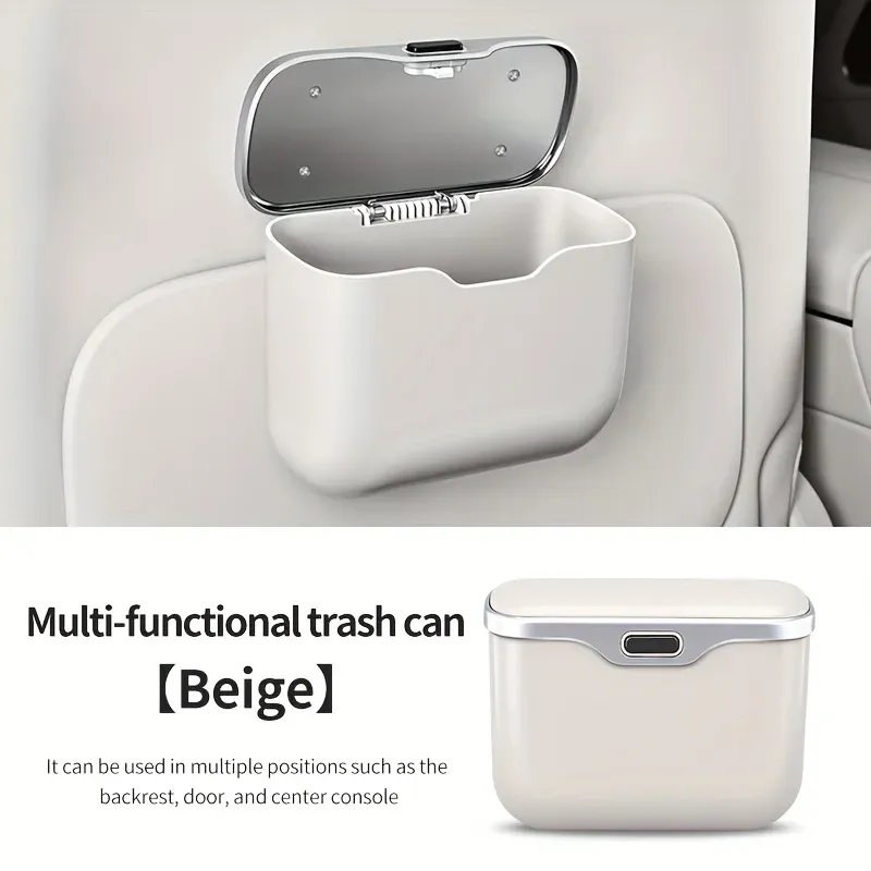 Poubelle de voiture multifonctionnelle à couvercle à bouton-poussoir, avec bac de rangement suspendu pour usage humide et sec 8