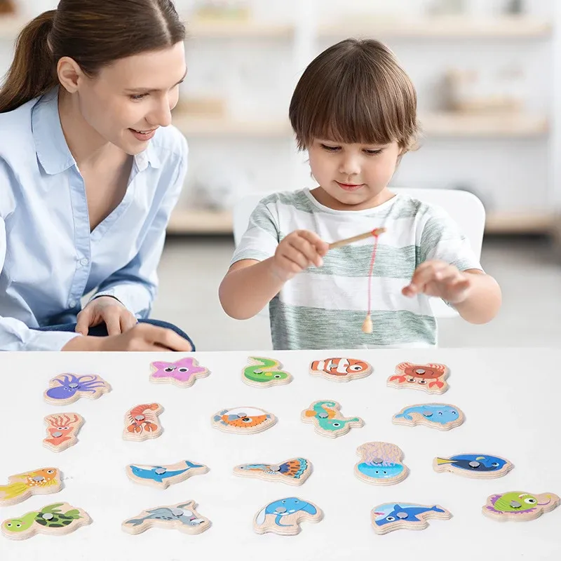 Jeu de pêche magnétique en bois Montessori : poissons de la vie marine, jouet éducatif interactif pour enfants 3