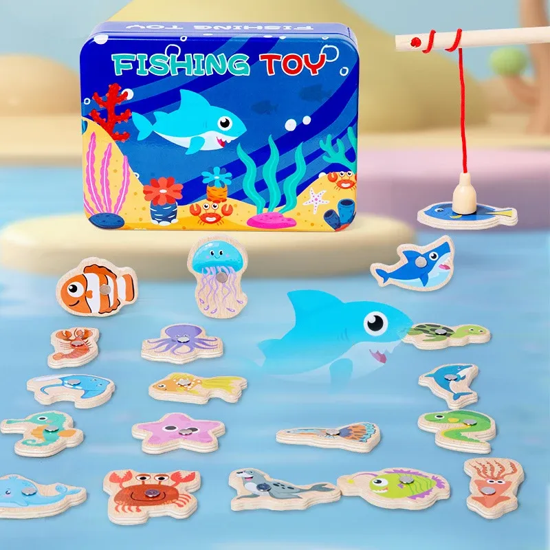 Jeu de pêche magnétique en bois Montessori : poissons de la vie marine, jouet éducatif interactif pour enfants - Image 1