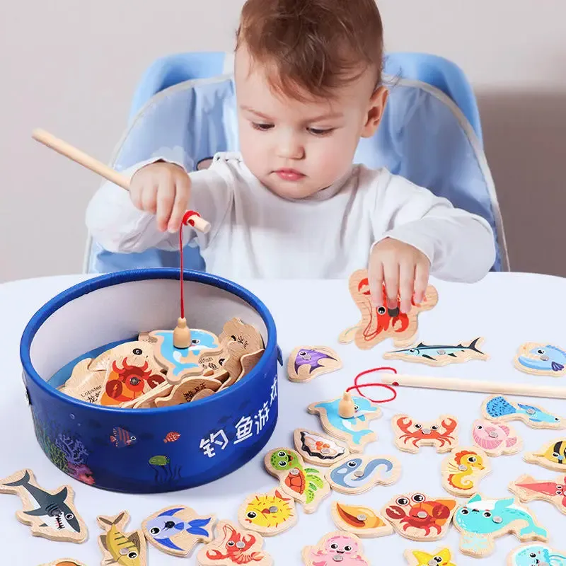 Jeu de pêche magnétique en bois Montessori : poissons de la vie marine, jouet éducatif interactif pour enfants 2