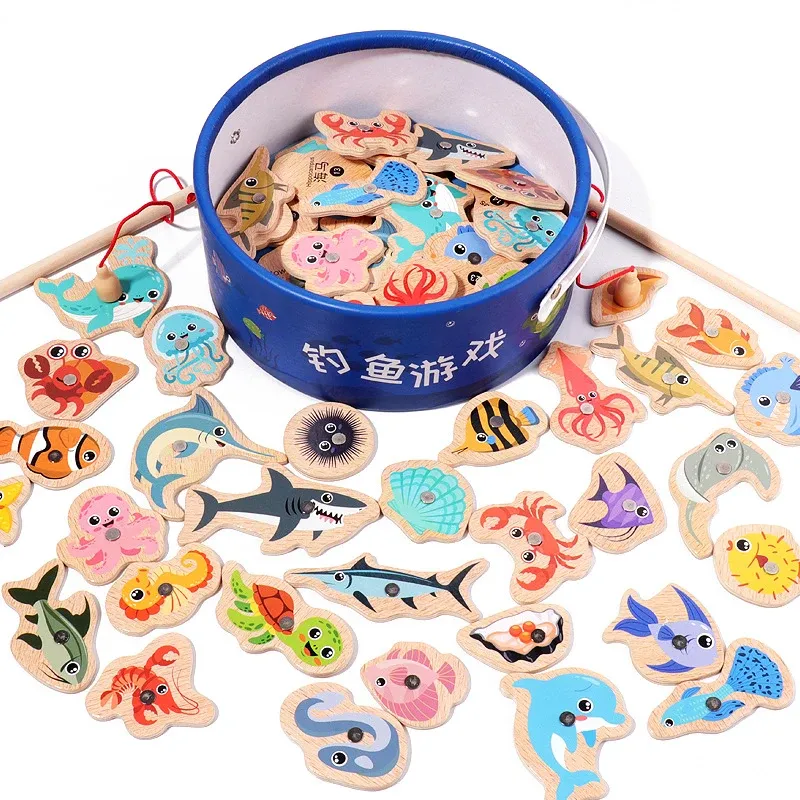 Jeu de pêche magnétique en bois Montessori : poissons de la vie marine, jouet éducatif interactif pour enfants 6