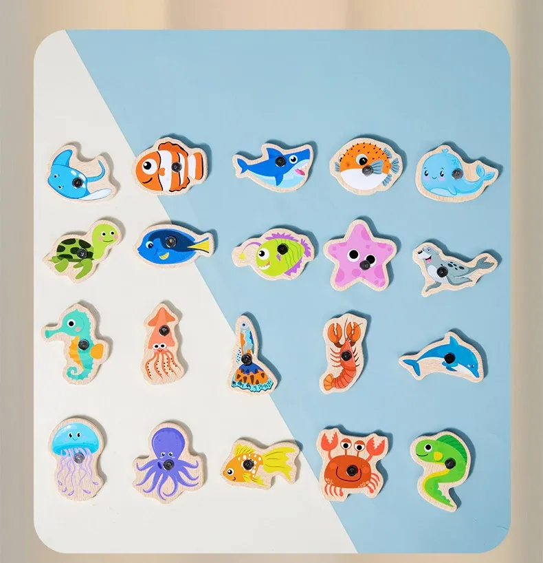 Détail des poissons magnétiques en bois